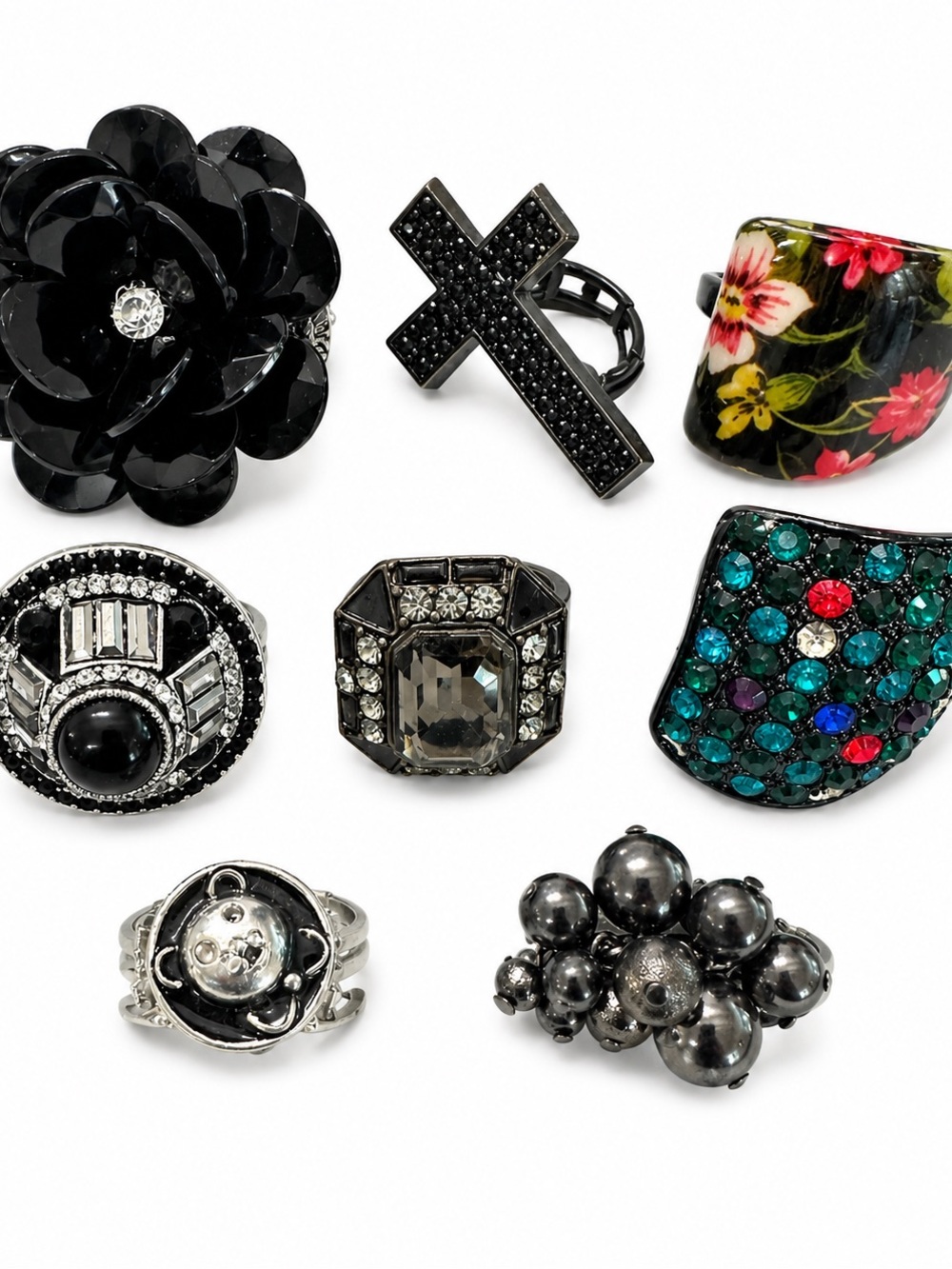Vintage Lot of 8 Statement Rings | Adjustable Black, Rhinestone Costume Jewelry - Picture 1 of 8